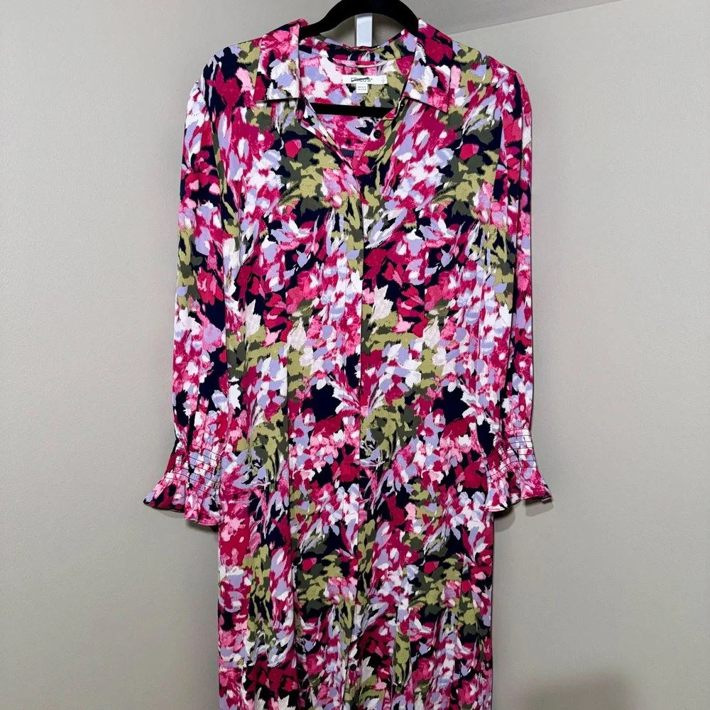 Chicos Floral Button Down Maxi Shirt Dress Pink Purple Olive Size 1 - Picture 4 of 8